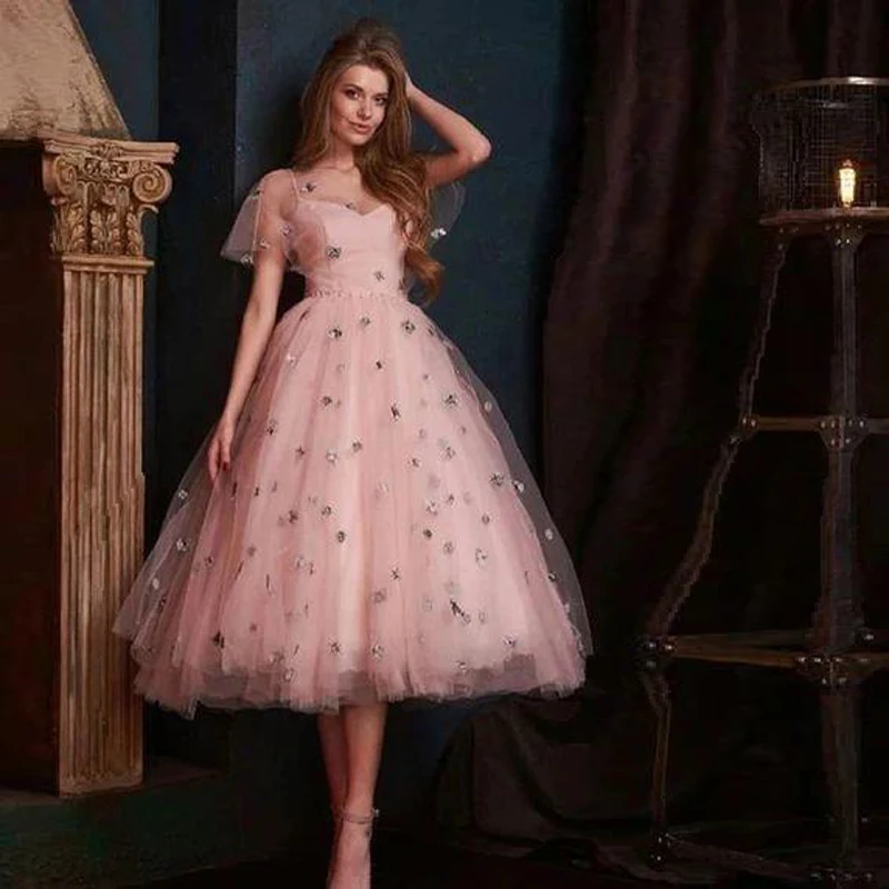 Pink Princess Sweet Prom Dresses 2024 O Neck Tulle Ball Gown Appliques Tea Length Women Homecoming Dress Party Elegant Gowns