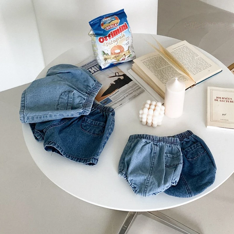 Zomer Babykleertjes Effen Denim Baby Shorts Elastische Taille Bloeier Casual Kleding