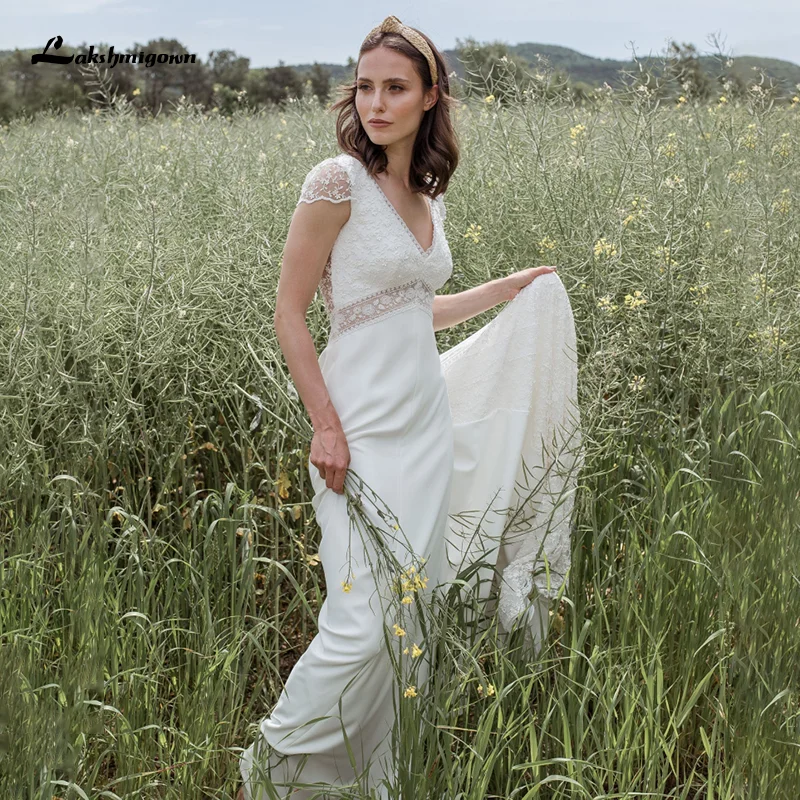 Vestidos de novia elegantes de encaje para playa, sin mangas, de gasa Simple, estilo bohemio, vestido de novia de manga corta