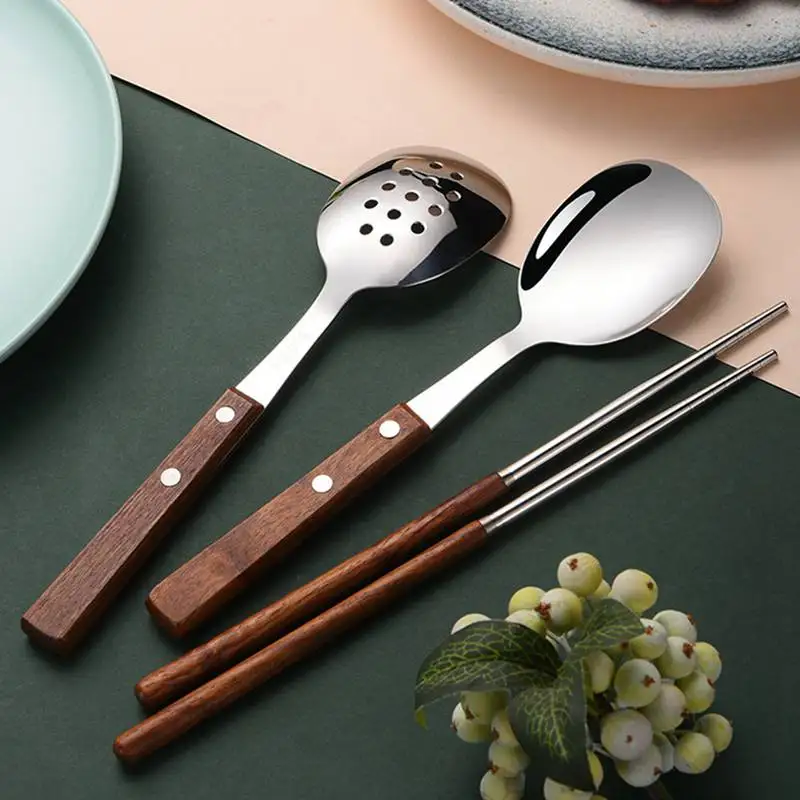 304 Stainless Steel Dining Spoon With Wooden Handle Public Spoon Leaking Spoon Public Chopsticks Household Restaurant Tableware