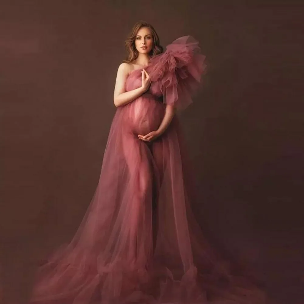 

Maternity Shoot Tulle Robes Prom Dresses Sheer Long Photoshoot See Thru Fluffy Tiered Tulle Robe Formal Evening Dress 2021