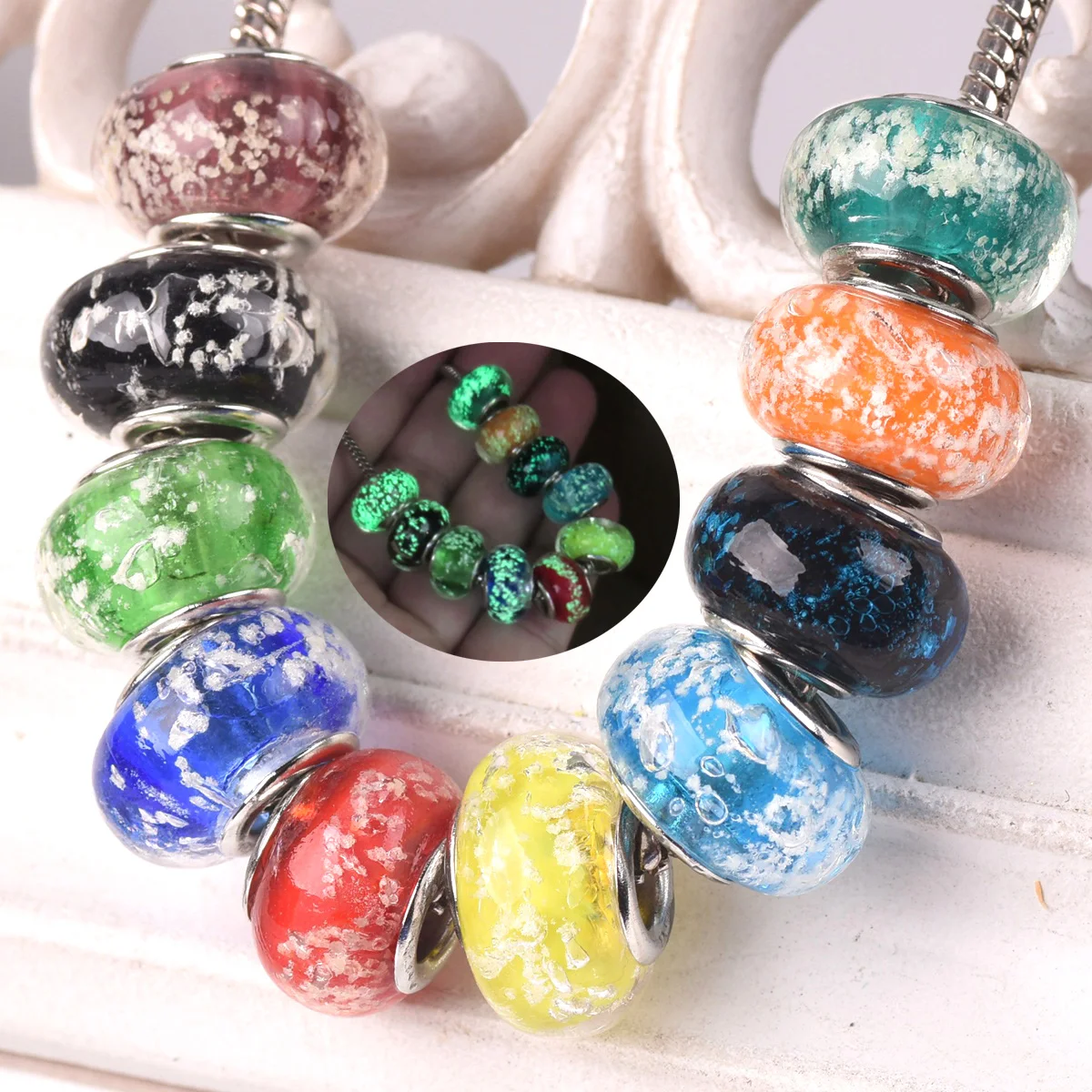 5pcs 14mm Rondelle Luminous Handmade Murano Lampwork Glass European Charms Big Hole Beads for Bracelet Jewelry Making