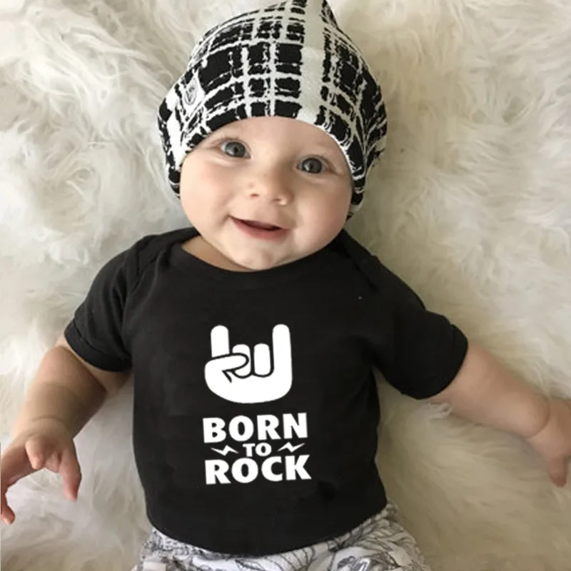 Funny BORN TO ROCK Letters Print Newborn Baby Bodysuit Black Onesie Body Baby Girls Boys Clothes Summer Cotton Outfits