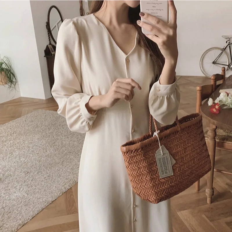 

Solid Women Dress Spring A-Line Autumn 2022 Elegant High Waist Party Luxury Woman Dresses Long Sleeve Vintage Vestido Feminino