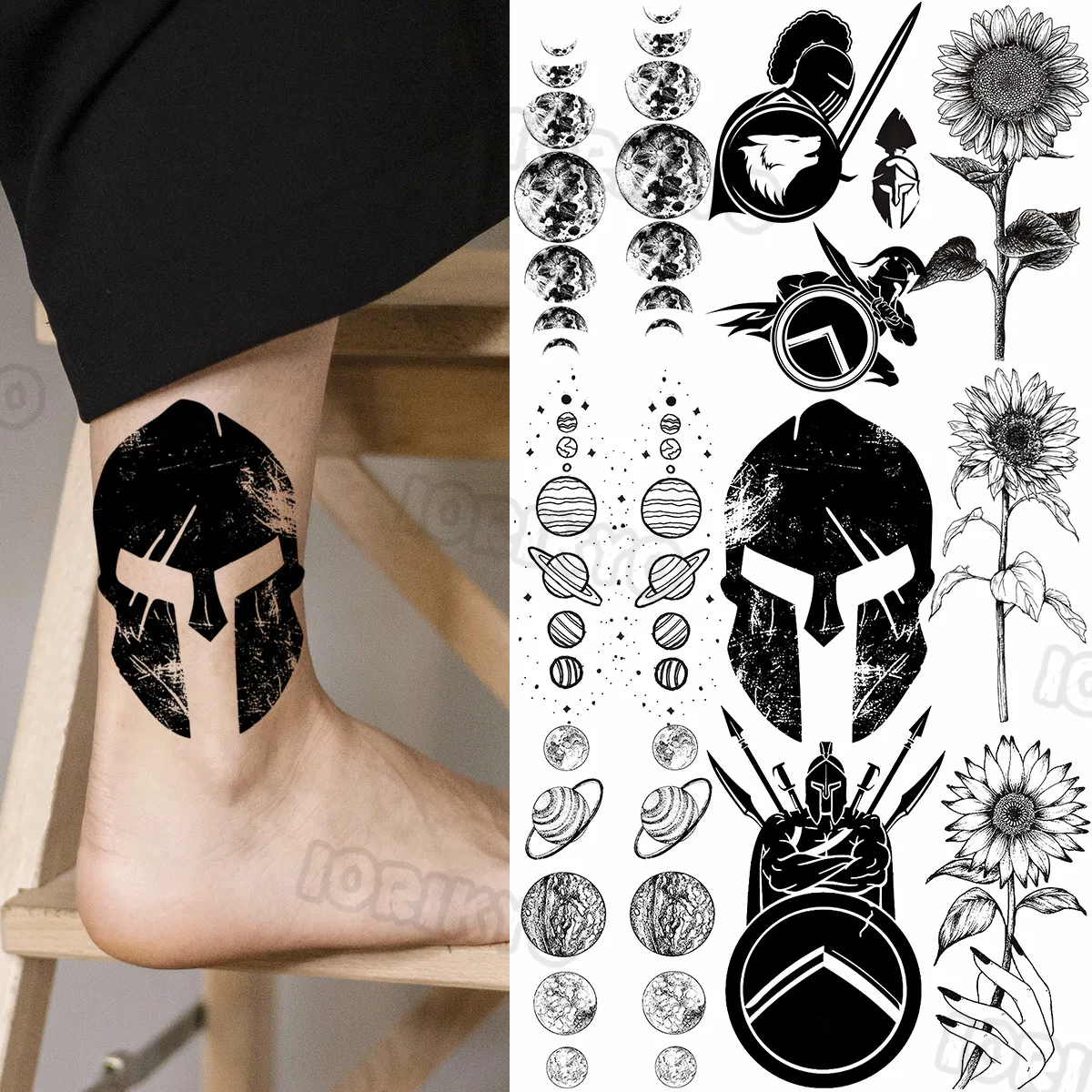 Black Spartan Small Temporary Tattoos For Women Girls Realistic Sun Flower Cosmic Sword Fake Tattoo Sticker DIY Arm Leg Tatoos