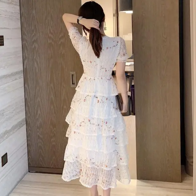 SMTHMA New Fashion Lace Hollow Out Summer Dress For Woman Embroidery Layered Cake Elegant Vintage Long Dresses Female Clothing