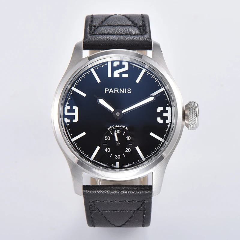 New Parnis 46.5mm Black Dial Mechanical Hand Wind Men Watch Stainless Steel Case Men's Watches herren uhren 2020 with box gift