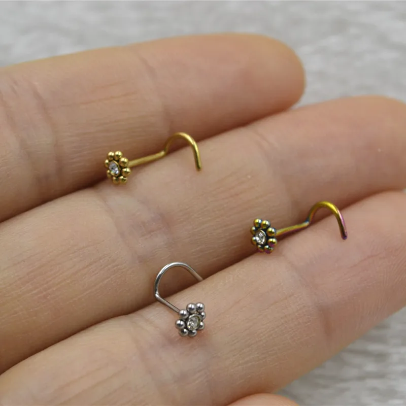 50pcs/Lot  Flower Gems Nose Rings Nostril Nose Ring Curve Screw Nose Studs 20g~0.8mm Body Piercing Jewelry