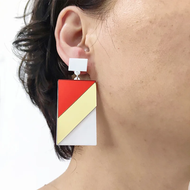 Classic Geometric Acrylic Stud Earrings for Women Square Shape Red Gold Color White Mirror Stripe Girls Jewelry