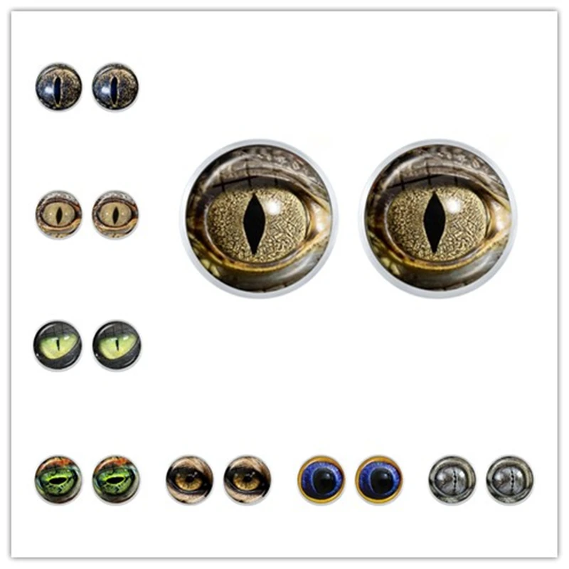 Animal Eyes Dragon Snake Owl Cat Tiger Eyes 12mm Glass Cabochon Stud Earrings Handmade Jewelry For Women Girls Gift