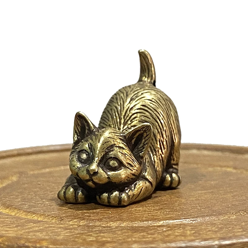 Vintage Brass Cute Cat Pocket Incense Holder Small Tea Pet Ornament Animal Pussycat Figurines Miniatures Desk Decorations Gifts