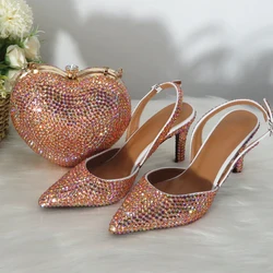 2021 New Arrival Heart  Golden AB Pointed Toe Women Wedding Shoes bag High Pumps Woman Thin Heel Party Dress Shoes Slingbacks