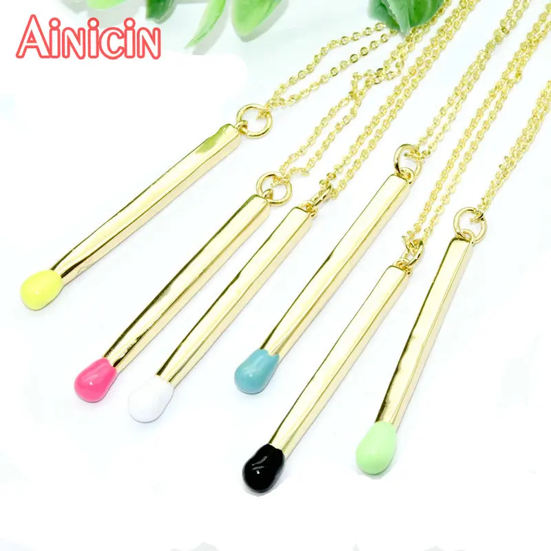 Color Keeping Gold Plating Copper Matchstick Pendant Necklace For Women and Childrens Birthday Gift Jewelry 6pcs/lot