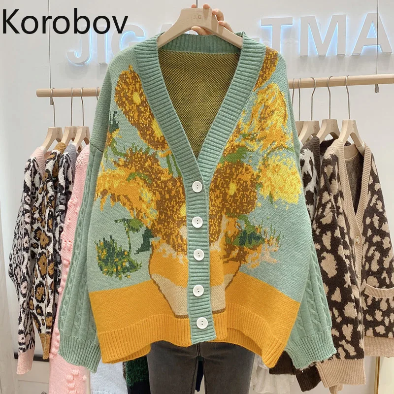 

Korobov 2021 Autumn New Vintage Harajuku Sweaters Korean Floral Embroidery V Neck Midi Length Cardigans Japanese Kawaii Cardigan