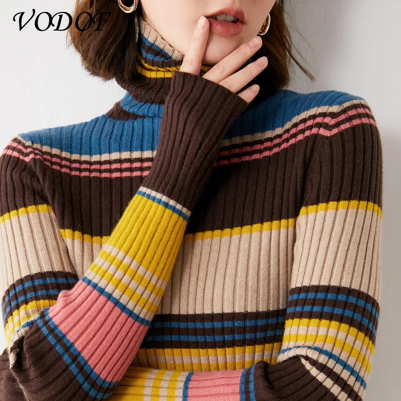 

2021 Autumn and Winter Long-sleeved Striped Pullover Women Sweater Knit Sweater Turtleneck Top Sweater Women