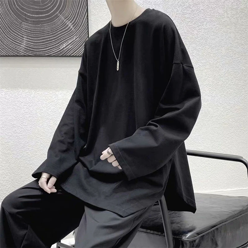 Irregular Loose Long Sleeve Men Tshirt Split Fork Fashion All-Match Solid Color Spring Summer Tops Oversized Japanese Streetwear