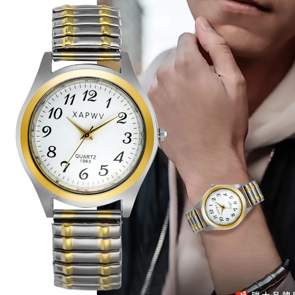 Men's Watch Gold Silver Elastic Band Stainless Steel High-end Women Dress Clock Simple Numerals Dial Quartz Watch Couple Gifts