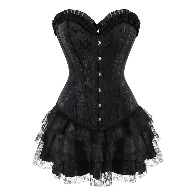 Sapubonva Corset Dress Lace Bustier Steel Boned Skirts Top Set Sexy Women Gothic Victorian Lolita Costume Vintage Lingerie Black