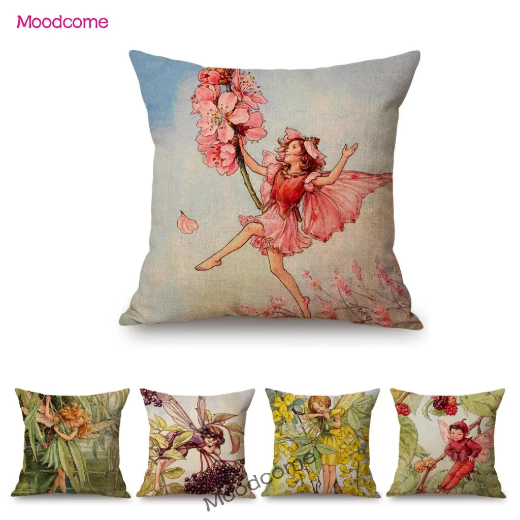 Lovely Cute Infant Baby Children Flower Fairies Floral Boy Girl Cartoon Home Decorative Pillow Case Cotton Linen Cushion Cover