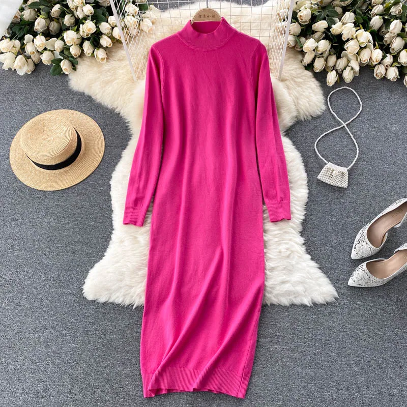 

Autumn 2021 Women's Temperament Half High Collar Loose Middle Long Sweater Bottomed Dress Casual Slim Long Sleeve Knitted Dress