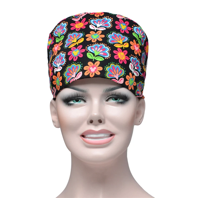 Scrub Caps Women Hair Cover Flower Printed Cotton Sweatband Adjustable Caps