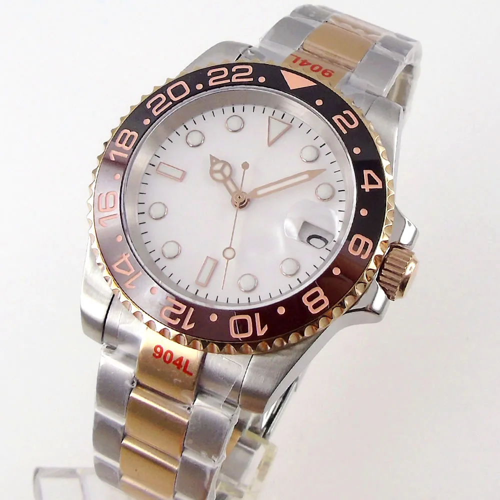 BLIGER White NH35A PT5000 Two Tone Rose Gold 40mm Automatic Men Watch Steel Band Root Beer Insert Sapphire Crystal Slide Lock