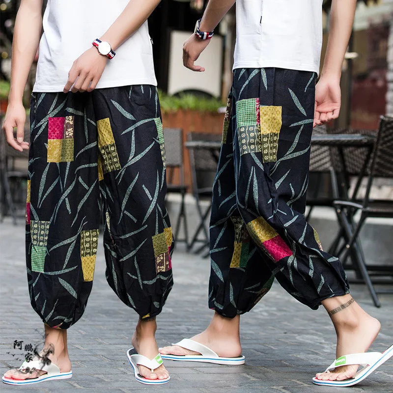 Baggy 100% Cotton Linen Harem Pants Men Hip Hop Ethnic Thailand Hawaii Trousers Loose Vintage Long Pants Pantalon Hombre