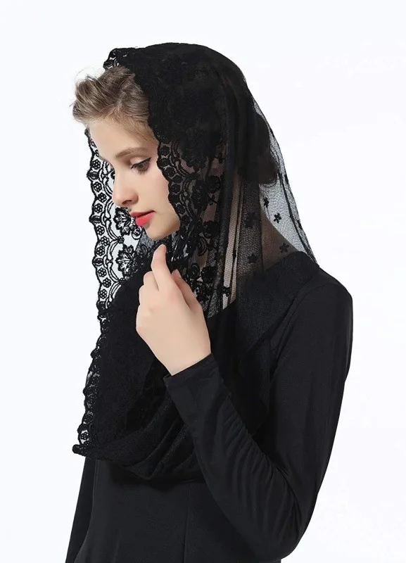 Ivory Black Muslim Catholic women\'s Lace Shawl religious veil