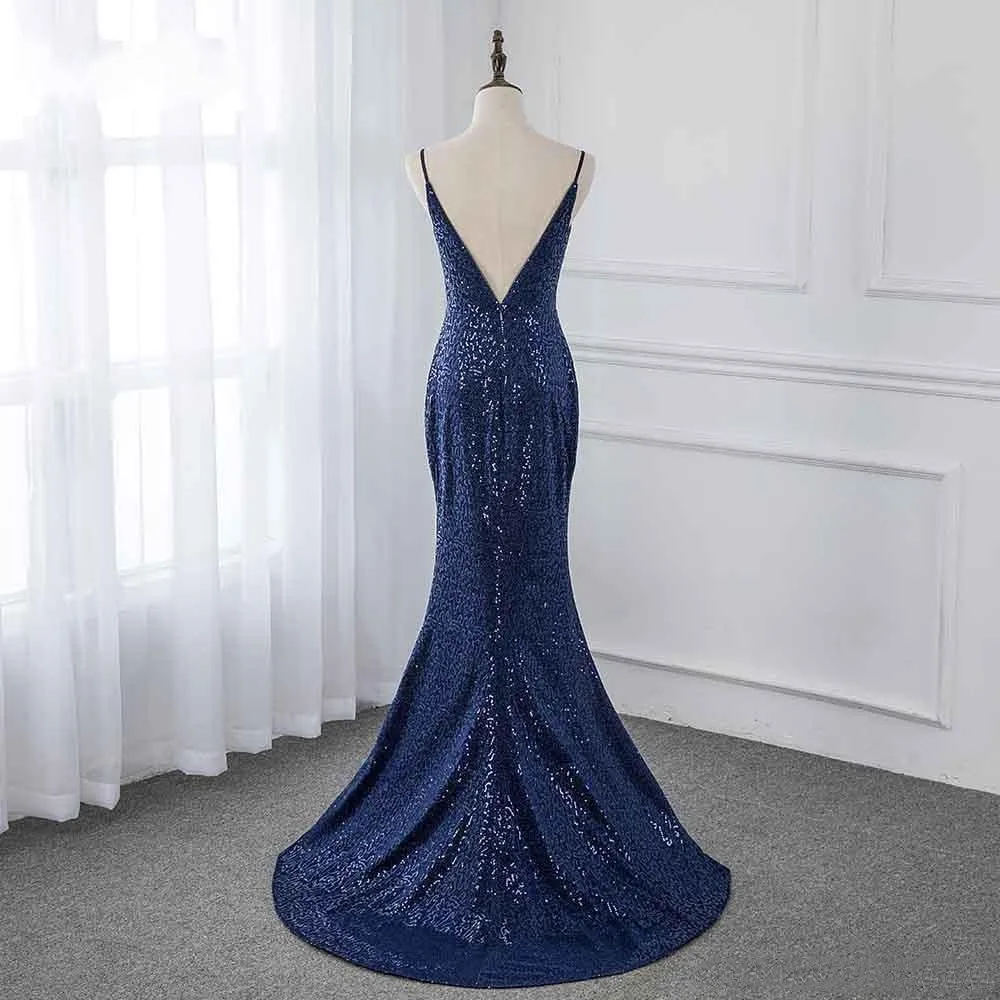 Robe de demoiselle d'honneur Sexy bleu marine, col en V profond avec bretelles, dos nu, paillettes scintillantes, robe de bal pour invités de mariage, pas cher