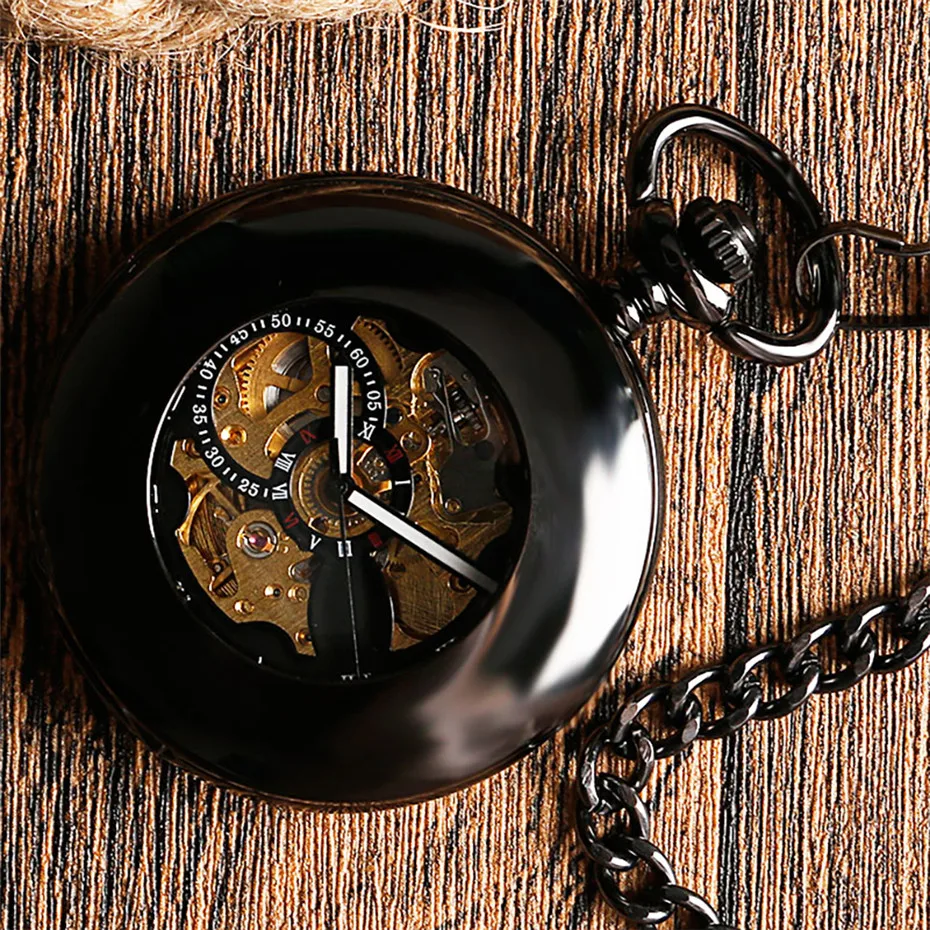 Antique Mechanical Pocket Watch Automatic Self-Winding Roman Numerals Display Hanging Chain Hollow Smooth Hunter Pendant Clock