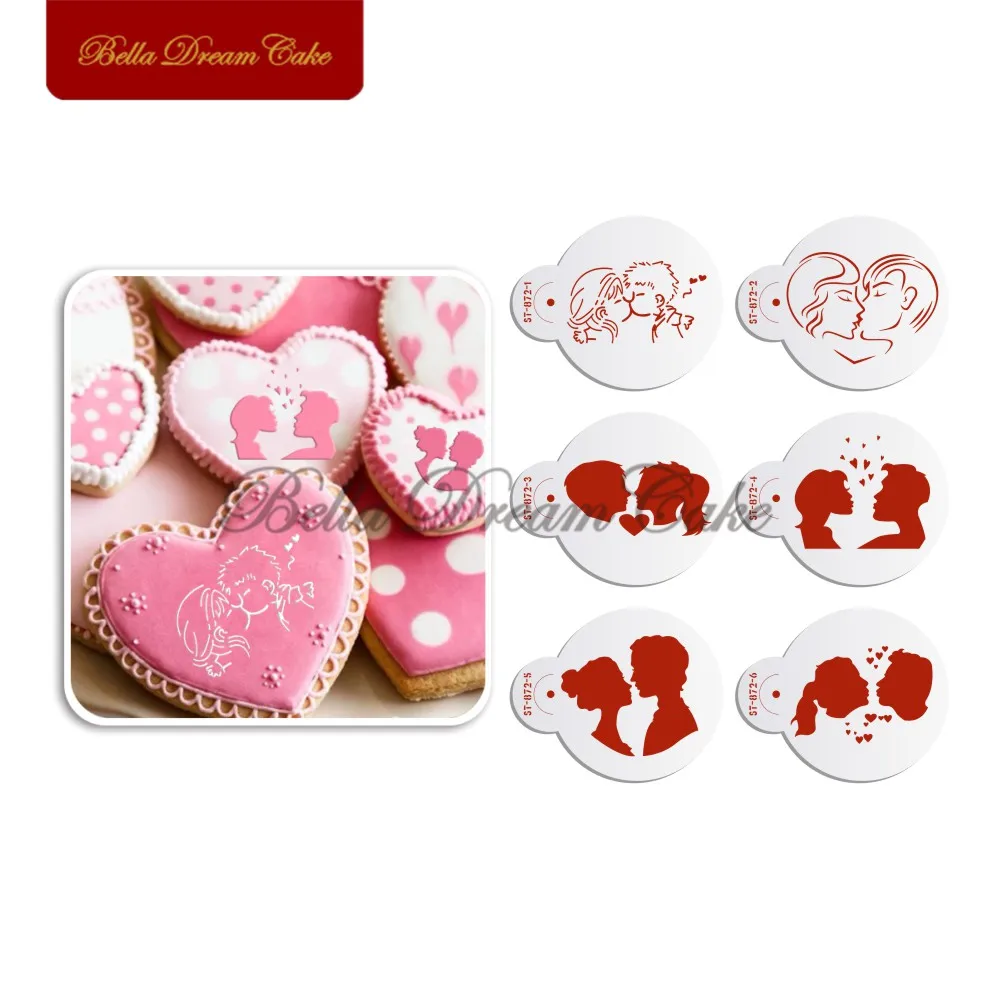 6pcs/set Lovers Cookies Stencil Valentine\'s Day Coffee Stencils Cake Mold Layered Stencil Template Cake Decorating Tool Bakeware