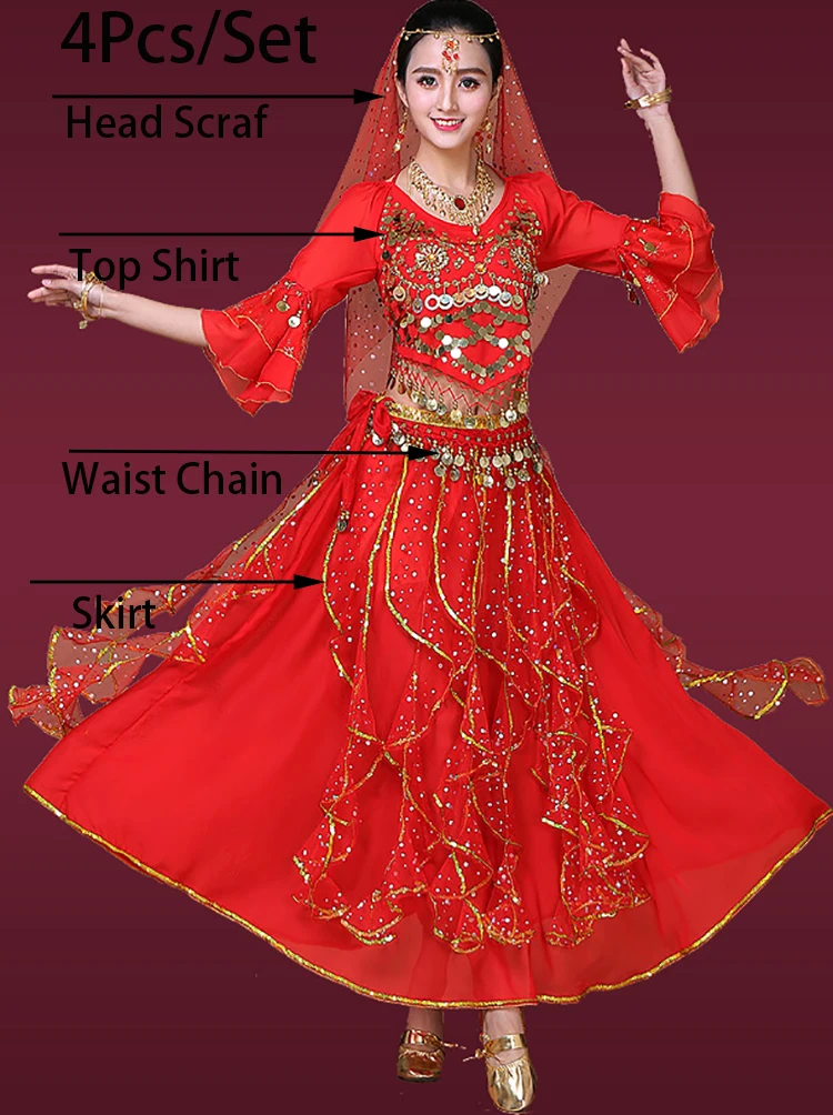 Costume de danse Bollewood indien pour femmes, robe de danse du ventre multicolore de haute qualité, vêtements de Performance 4