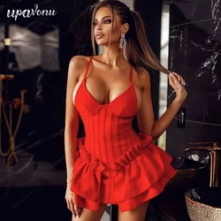 Free Shipping New Bandage Dress Women Spaghetti Strap V-Neck White Ruffles Night Club Sexy Celebrity Party Bodycon Mini Dresses