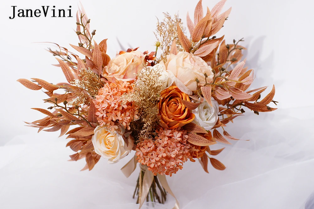 JaneVini – Bouquet de mariée Orange clair, élégant, fleurs artificielles de mariage, Roses hortensia, toucher réel charmant, soie, 2021