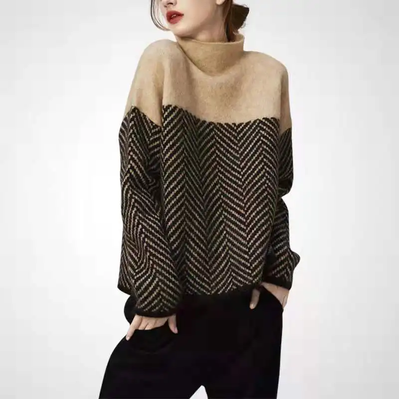 2023 autumn and winter women\'s new knit geometric knit turtleneck sweater pullover flabby sweater multi-color shirt long pullove