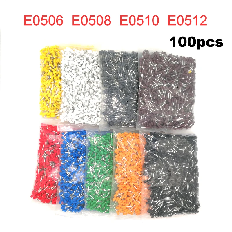 100pcs Tube Insutated Cord End Terminals Electrical Crimp Terminal Wire Connector E0506~E0512 Crimping Cable Ferrules VE 22AWG