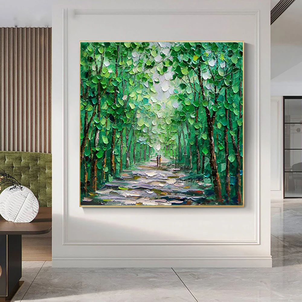 

Hand Painted 3 D Abstract Green Wood Painting Palette Knife Green Trees Wall Art Oil Painting On Canvas Living Room Decoration