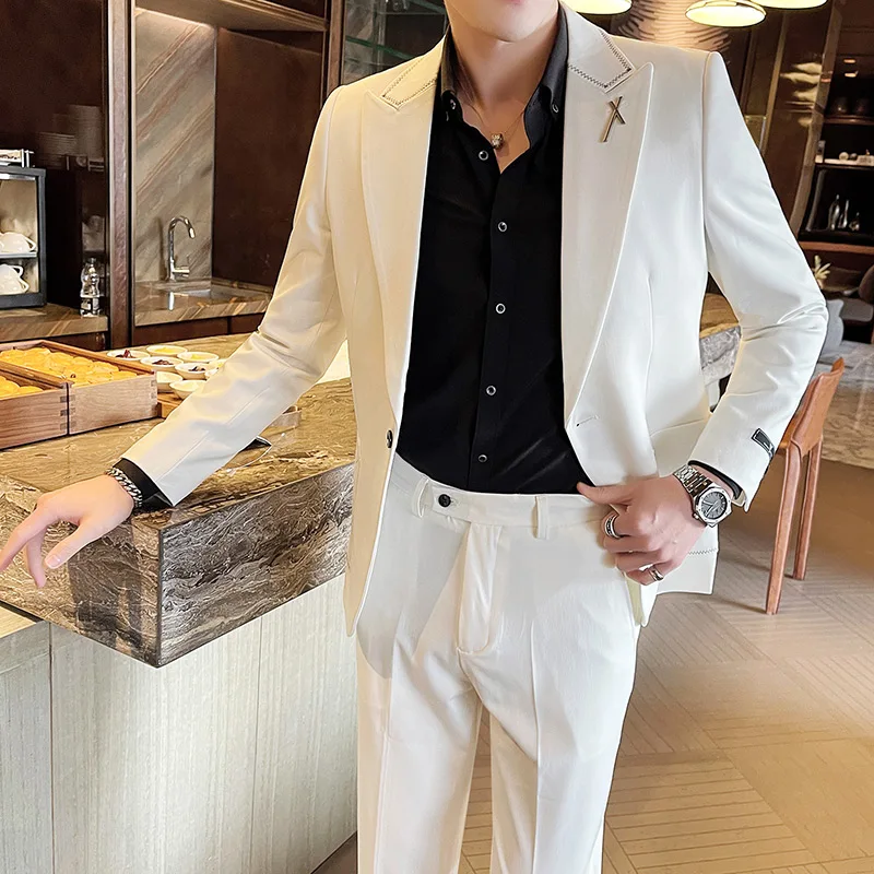 

High Quality White Modern Elegant Man Clothes For Wedding Party Gentlemen Costume Guy Stylish Dandy Blazer Set Classic Italy