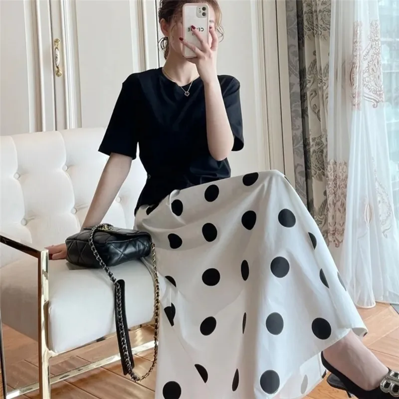 2023 Vintage Polka Dot Big Swing A-line Skirts Spring Summer Slimming High Waist Elasticity Skirt Women Long Skirt Casual Female