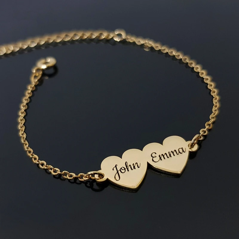 Personalized Family Members Name Bracelet Anniversary Jewelry Stainless Steel Cute Heart Engraving Nameplate Charm Bracelet