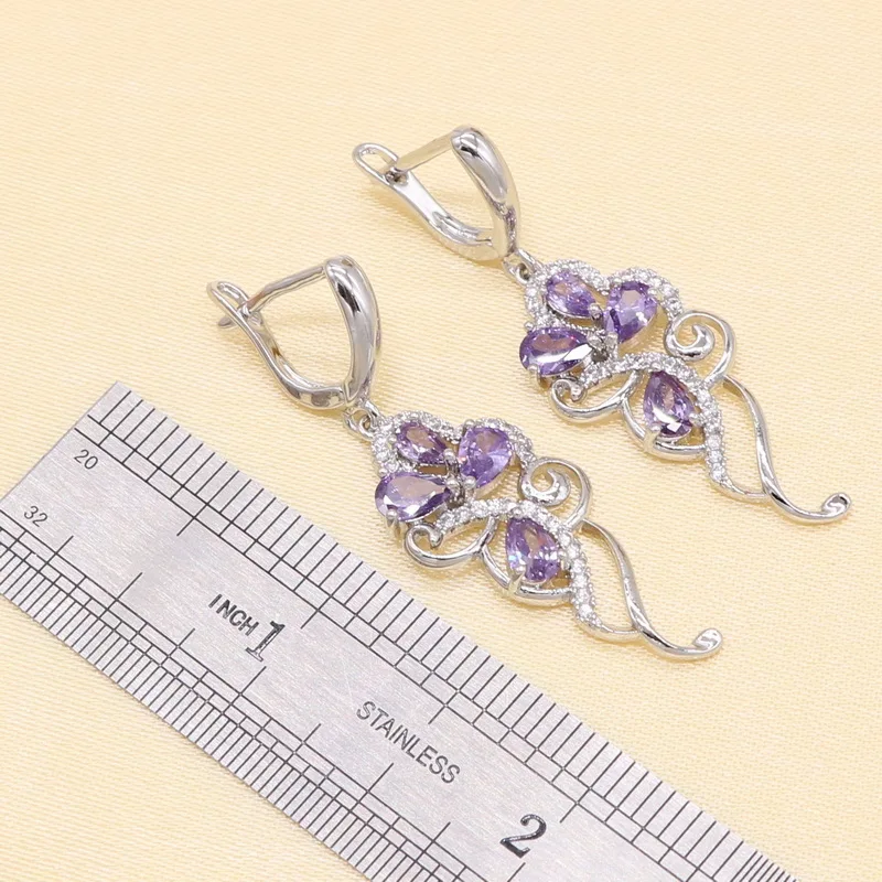 Sterling Silver Women Dubai Jewelry Sets Purple Cubic Zirconia Bracelet Geometric Earrings/Pendant/Necklace/Ring Free Gift