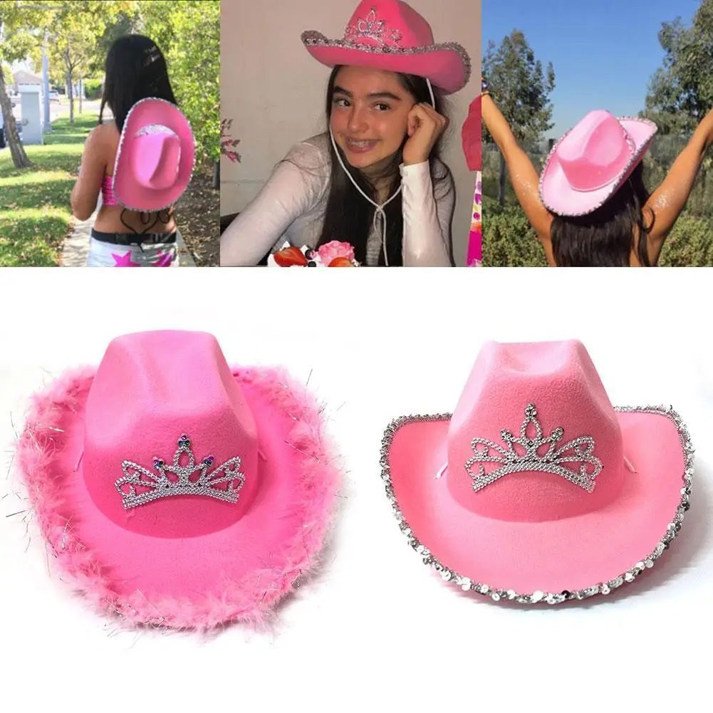 Rhinestone Crown Feather Panama Pink Cowboy Cowgirl Hat for Women Girls Chapeau Cowboy Hats Caps sombrero de vaquero mujer