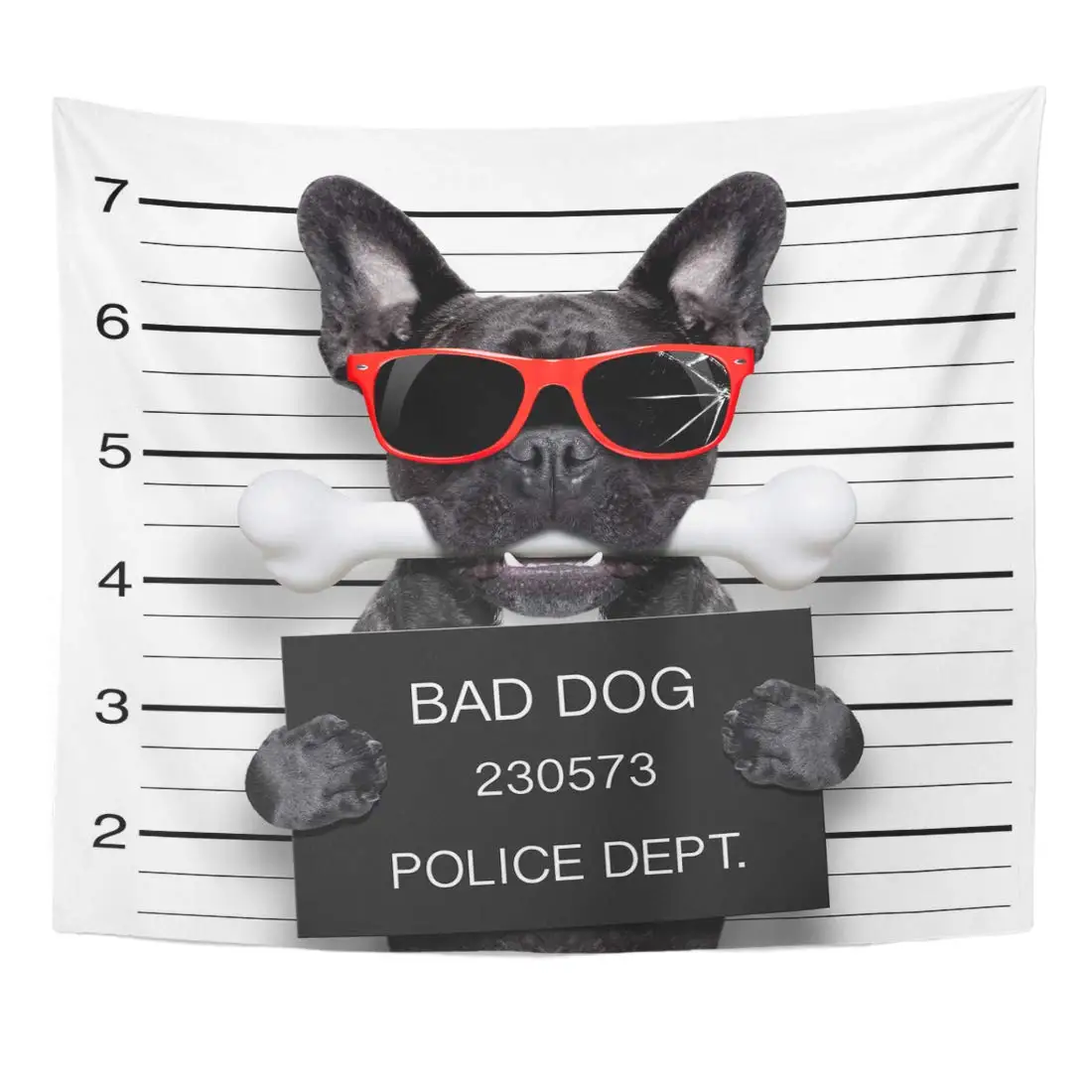 Funny Cute French Bulldog Holding Placard While Mugshot is Taken Bone in Mouth and Guilty Wearing Red Tapestry Home Decor Wall H