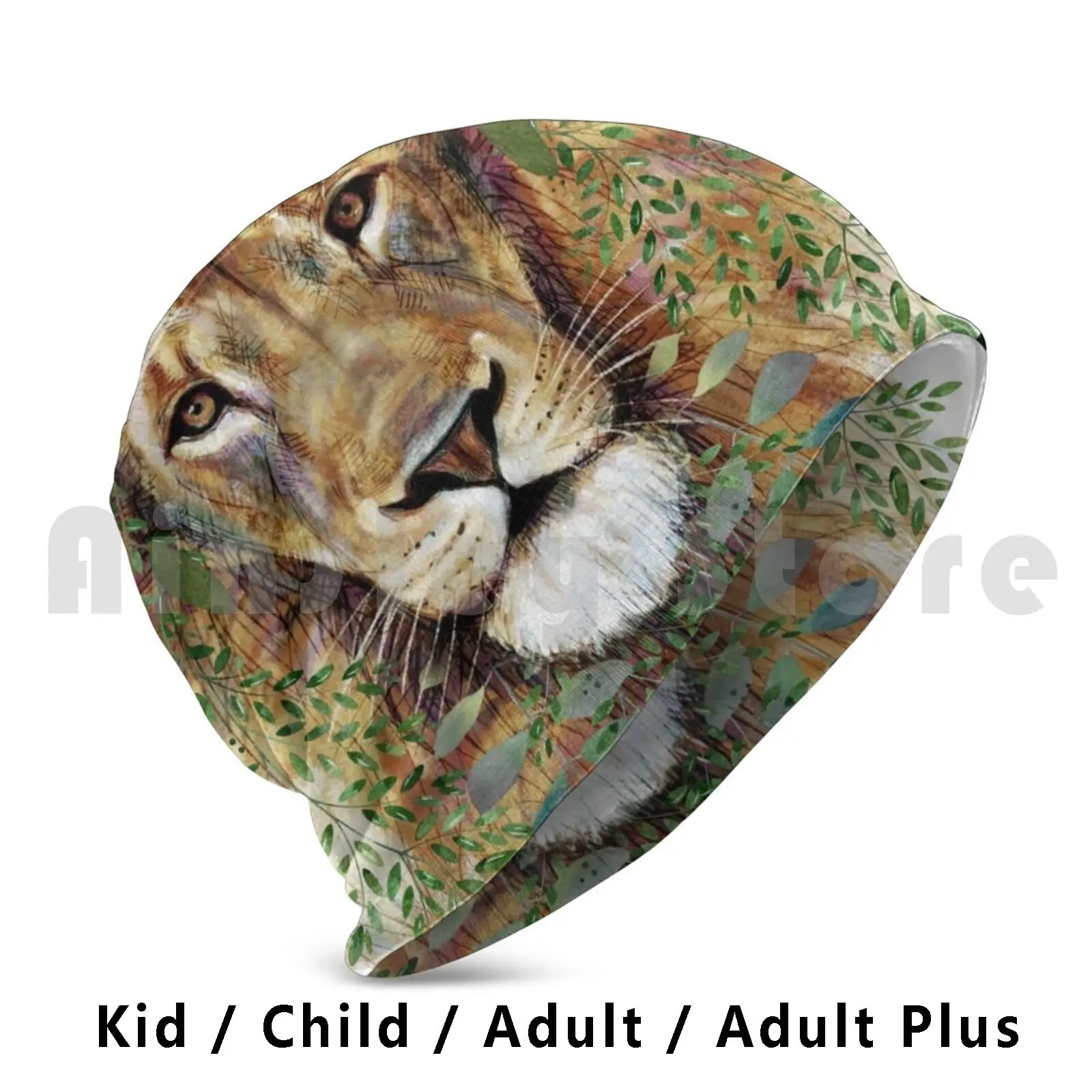 Watercolor Lion , Green Nature Leaves , Hand Painted Beanies Knit Hat Hip Hop Watercolor Lion Green Nature Leaves