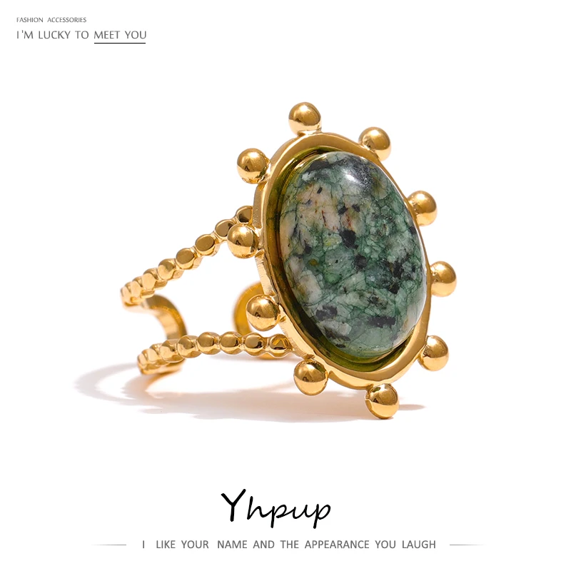 Yhpup Stainless Steel Green African Turquoise Stone Ring for Women Fashion Ring Waterproof Jewelry Bijoux Femme Party Gift