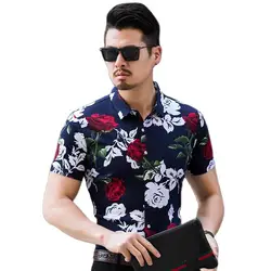 2026 Summer Men's Printed Short Sleeved Shirt, Fashion Casual Shirts Asian Size M-7xl Yellow Red rose Shirts Camisa Masculina