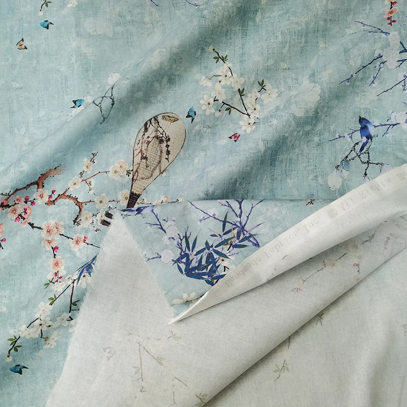 Beautiful Lt. Grey/Blue Musical Lute 100%Cotton Fabric Digital Print Plum Blossom/Bird Print DIY Sewing Children Clothing Dress