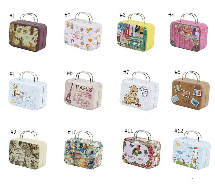 

360pcs 75*35*55mm Small Tin Vintage Party Rectangle Handbag Suitcase Luggage Shaped Candy Box Wedding Favor Gift Boxes SN3945