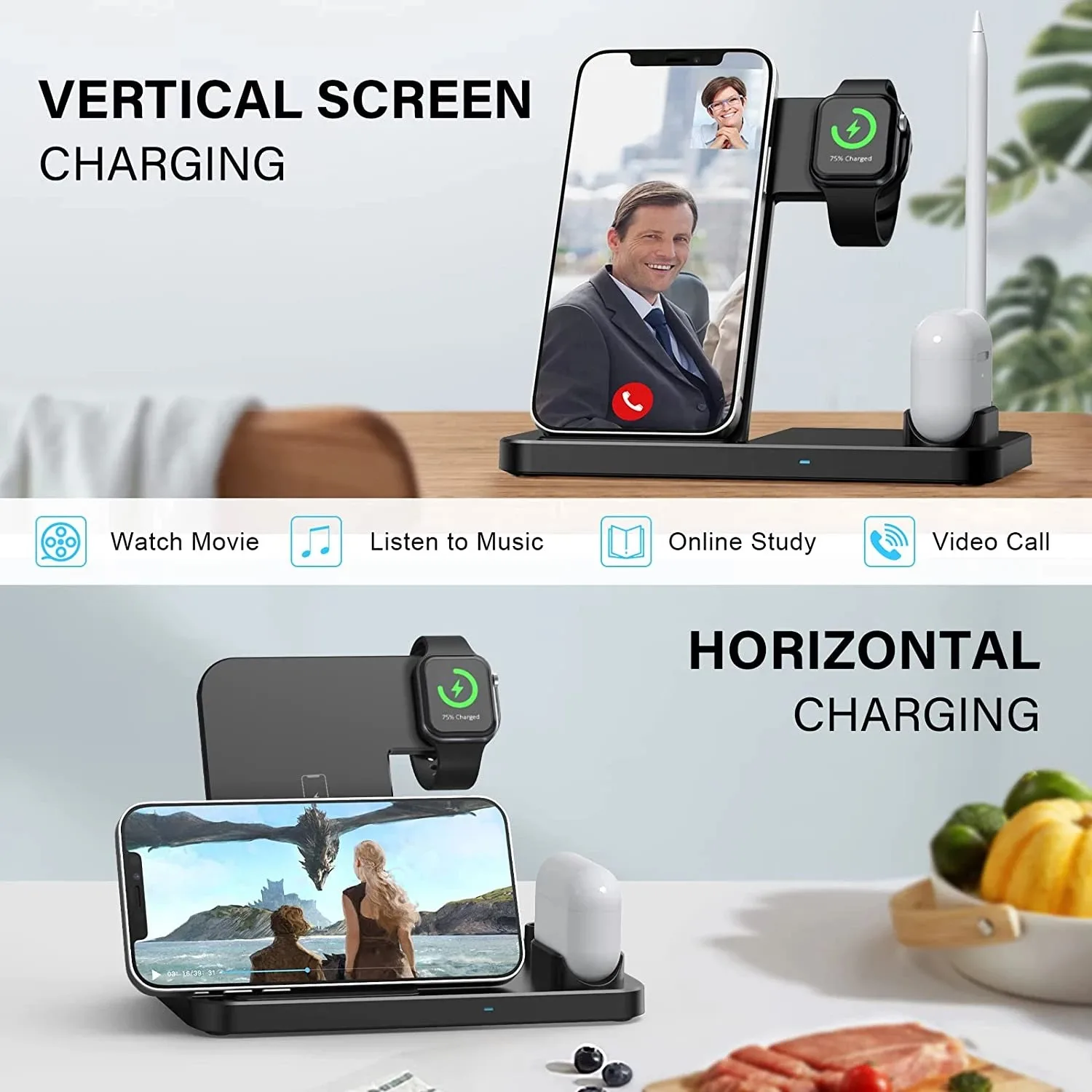 4 em 1 carregadores sem fio suporte para iphone 13 12 11 xs xr x 8 estação doca de carregamento rápido para airpods pro apple relógio 6 se carregador
