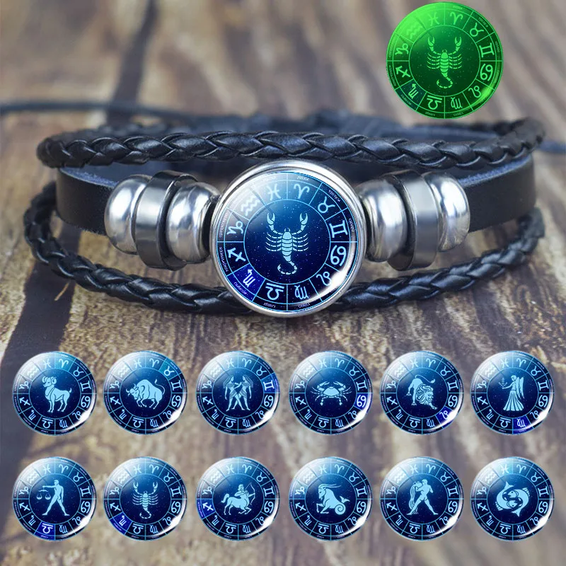 

Luminous 12 Constellations Woven Leather Bracelet Glass Cabochon Leo Virgo Libra Zodiac Jewelry Bangle Bracelet Women Men Gifts